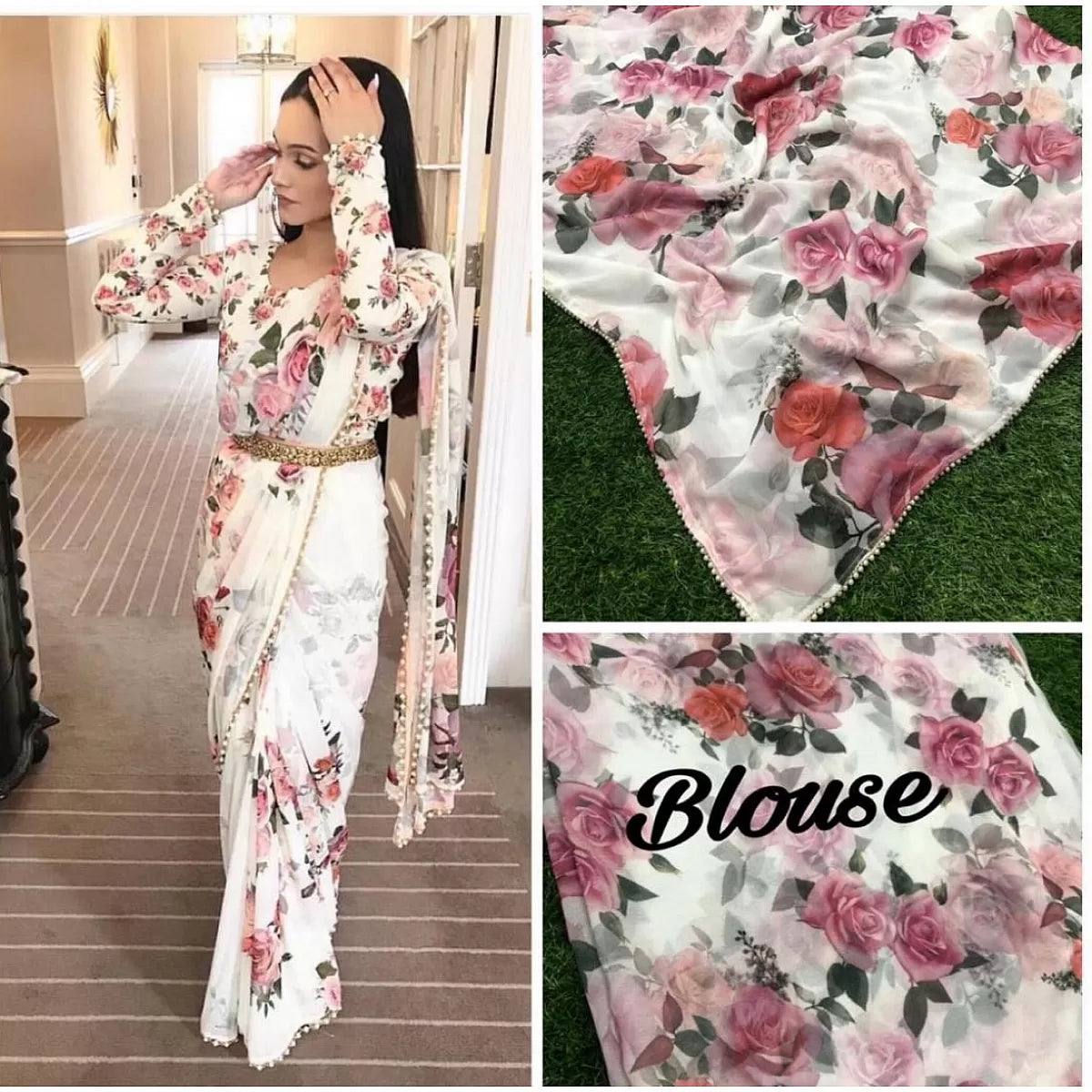 Premium Floral Print Saree Collection White New