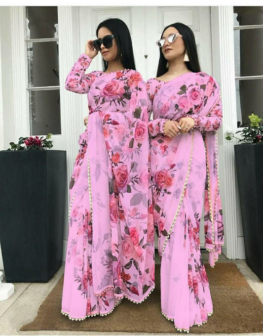 Premium Floral Print Saree Collection Pink