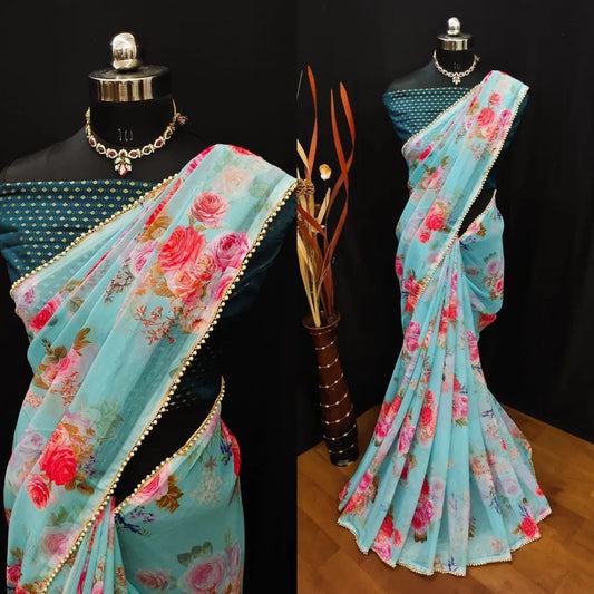 Premium Floral Print Saree Collection Blue