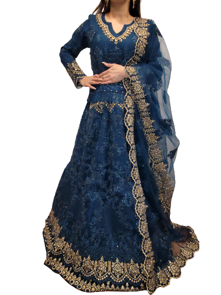 Blue and Gold Embroidered Lehenga Choli (Long Top & Sleeves)