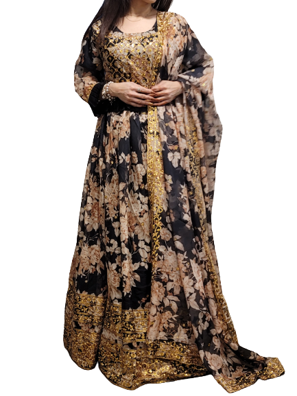 Floral Lehenga with Can-can Black