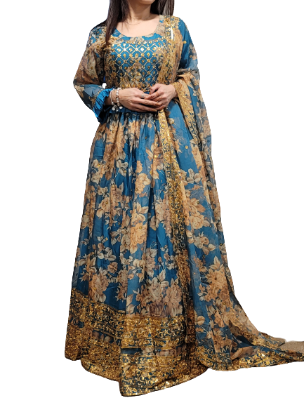 Floral Lehenga with Can-can Blue