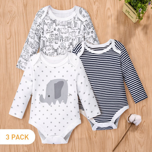 3-Pack Baby Animal or Stripe Print Long-sleeve Rompers