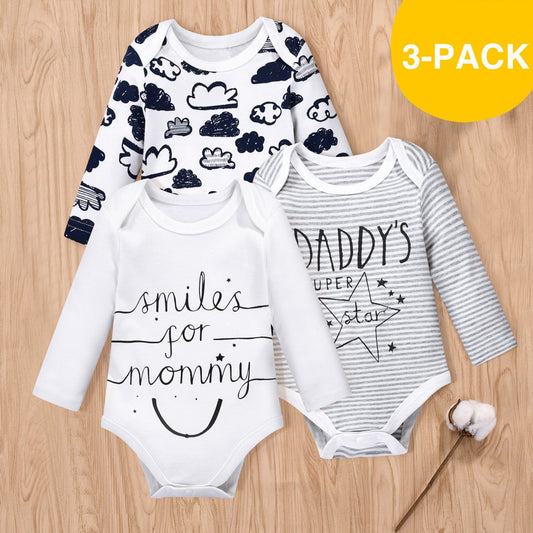 3-Pack Baby Cloud or Letter Print Long-sleeve Romper