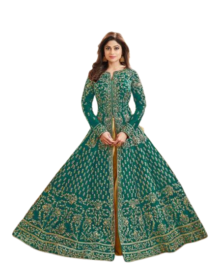 1 Aashirwad Creation Mulberry Silk Fully Embroidered Anarkali Suit Green