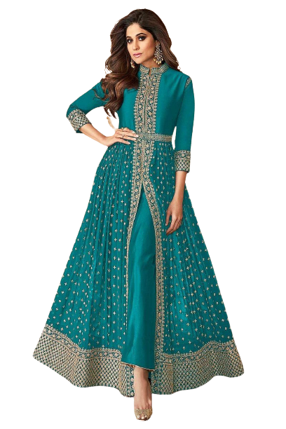 2 Ashirwaad Golden Slit Style Anarkali Suit Unstitched Teal Green