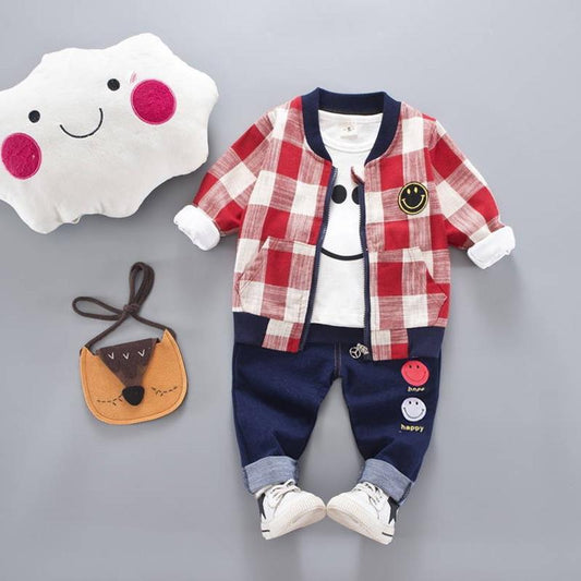 Baby and Toddler Boys 3-piece Smiling Face Tee Plaid Coat and Pants