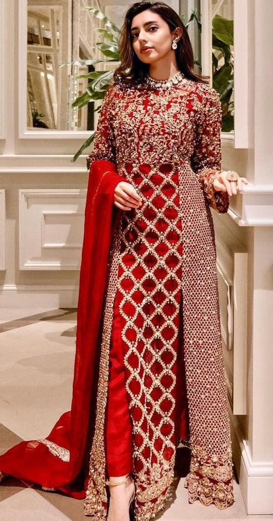 4 Red Embroidered Georgette Suit Unstitched