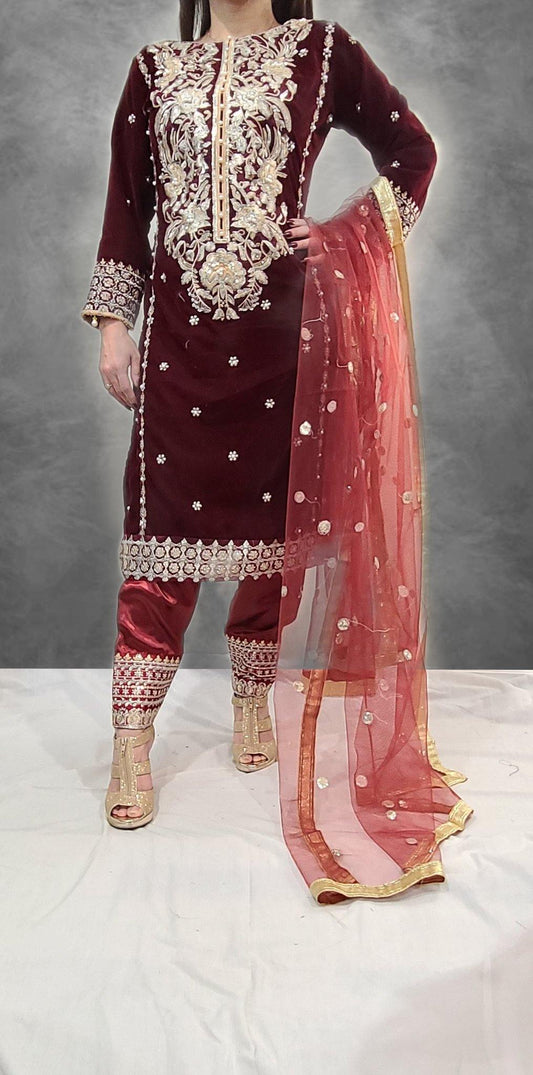 Abrar Velvet Suit Net Embroidery & Hand Work - Solid Boutique Canada