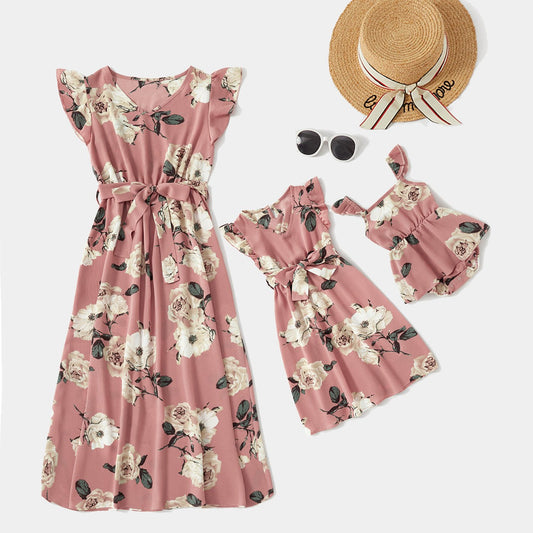 Pink Floral Print Ruffle-sleeve Dresses for Mommy and Me