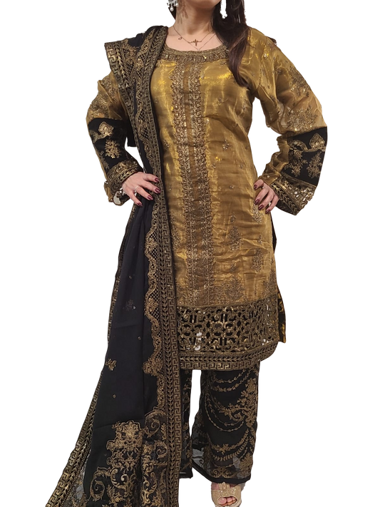 Maria Zari Net Embroidered Suit-Gold & Black - Solid Boutique Canada
