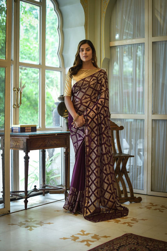 Georgette Sequence Saree Purple