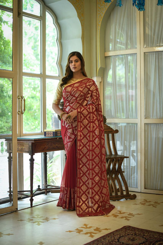 Georgette Sequence Saree Red